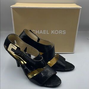 Mk Michael kors gold & black heels snake embossed leather 9 hook loop straps